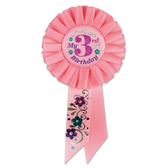 Pack of 6 Pink "My 3rd Birthday" Party Celebration Rosette Ribbons 6.5"