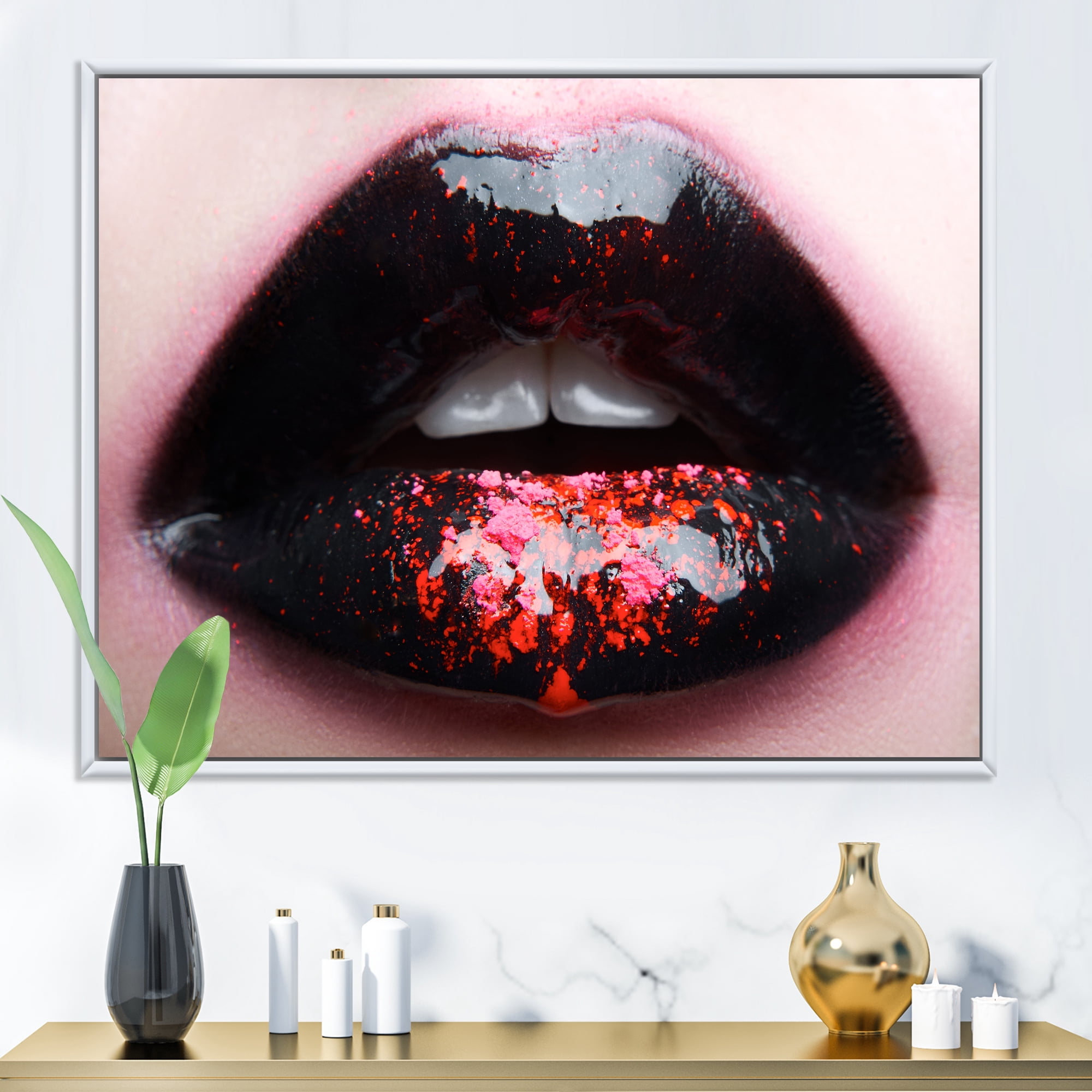 Designart 'Plump Woman Lips With Pink and Black' Modern Framed Canvas Wall Art Print