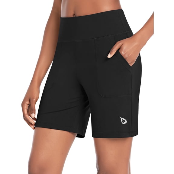 BALEAF Women's 7" Athletic Long Shorts High Waisted Running Bermuda Shorts with Pockets Black Large