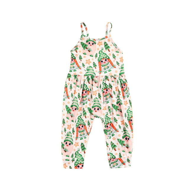 FOCUSNORM Christmas Unisex Kids Jumpsuit, Sleeveless Cartoon Print Spaghetti Strap Romper