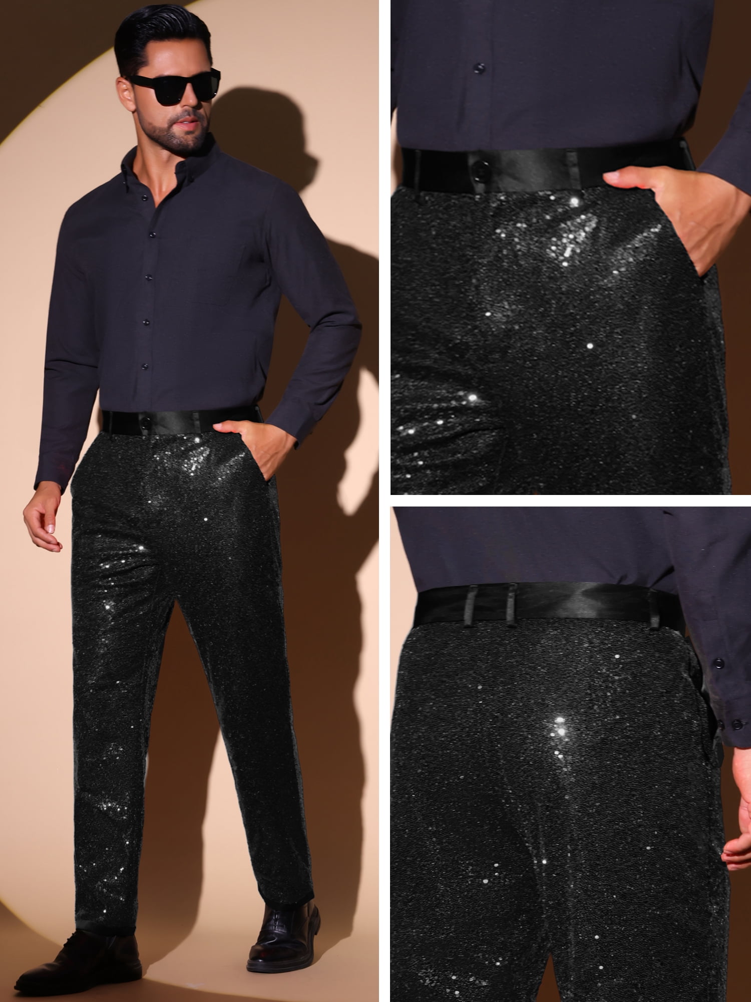 DARING DIVA Men's Shiny Sequin Pants with Straight Leg Design Pants 32 Black