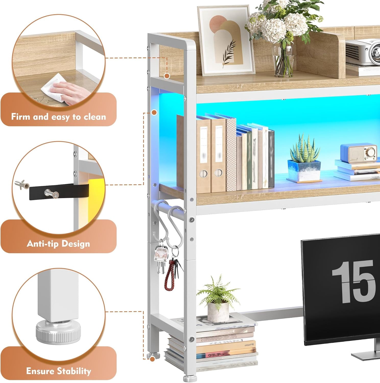 ZYPPP 45.2" Desk Shelf，2-Tier Adjustable Multipurpose Solid Wood Desktop Hutch Shelf，Countertop Storage Organizer Rack with 3 Desktop Display Rack for Dorm,Office Home,White
