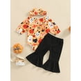 thumbnail image 4 of Wassery Baby Girls Halloween Outfit Sets Long Sleeve Crew Neck Playsuits Cartoon Ghost Pumpkin Print Romper Tops + Black Flared Pants + Bow Headband, 4 of 9