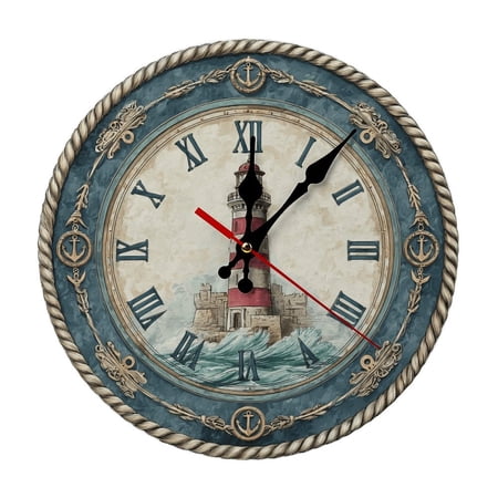 Beach Coastal Lighthouse Durable Wooden Analog Wall Clock, Silent Sweep Clock for Living Room & Office Decor