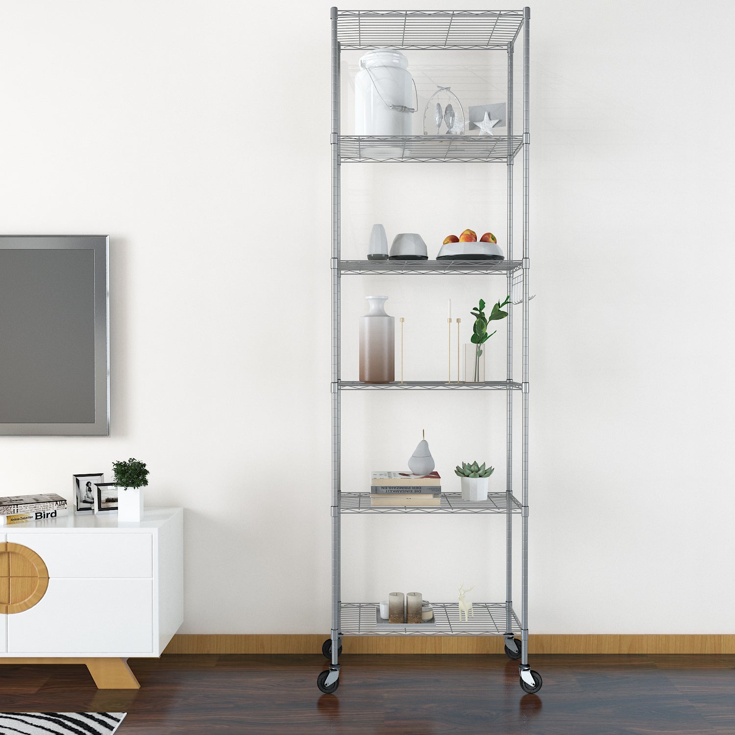 Sailvan 6-Tier 72"H Metal Storage Rack with Wheels, Slim Wire Shelving Unit for Pantry Kitchen Bathroom, Adjustable Shelves with Hooks, 530lbs Cap,Silver