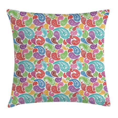 Multi Colored Accent Paisley Decor Throw Pillow Cushion Cover, Modern Teardrop Shaped Striped Oriental Pattern with Flowers and Leaves, Decorative Square Accent Pillow Case, 24 X 24 Inches, Multi Colored, by Ambesonne ()