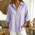 thumbnail image 5 of Qgtaibl Womens Striped Tunic Tops Trendy 3/4 Length Sleeve Lapel Half Button Down Shirts Lightweight Loose Fit Casual Blouse Purple M, 5 of 7