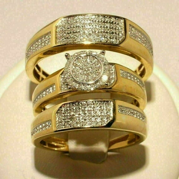 TAAPSEE JEWELS 14k Yellow Gold Finish Round Cut Cubic Zirconia His & Her Wedding Trio Ring Set