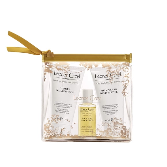 Leonor Greyl Paris - Kit de viaje de lujo premium para cabello dañado - Aprobado por la TSA - Champú tamaño viaje, aceite para el cabello y mascarilla acondicionadora Cabello dañado