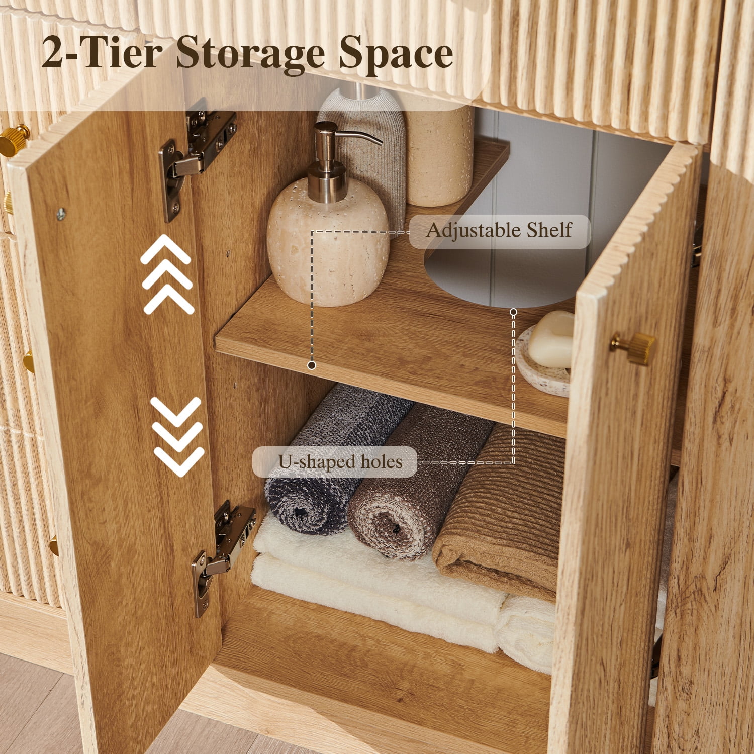 Keywhat 48" Bathroom Vanity with Sink, Modern Fluted Vanity with 2 Drawers & Storage Cabinet, Quick Assembly, Natural Oak