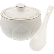 1 Set Steaming Bowl Household Ceramic Soup Serving Bowl Tureen with Spoon