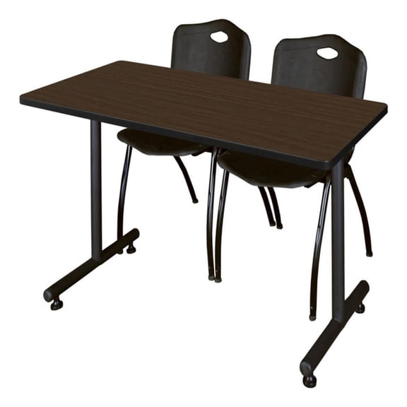 Regency Kobe 48 x 24" T-Base Seminar Table-Neo Walnut/2 M Stack Chairs- Black
