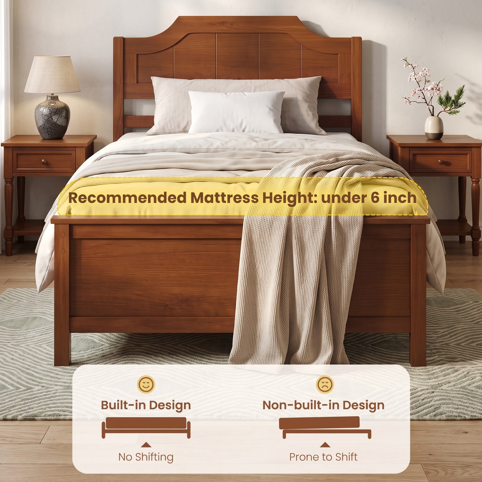 Furnibear Twin Bed Frame with Arched Headboard and Footboard, Pine Wood Platform Bed Frame with Slat Support for Kids Room, Walnut