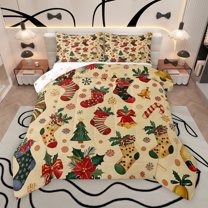 Manfei Kids Vintage Christmas Full Size Comforter Sets, Magical Xmas Socks Bedding Comforter Set, Western Flower Plant Reversible Bedding Sets, Lightweight Room Decor, 3 Pieces