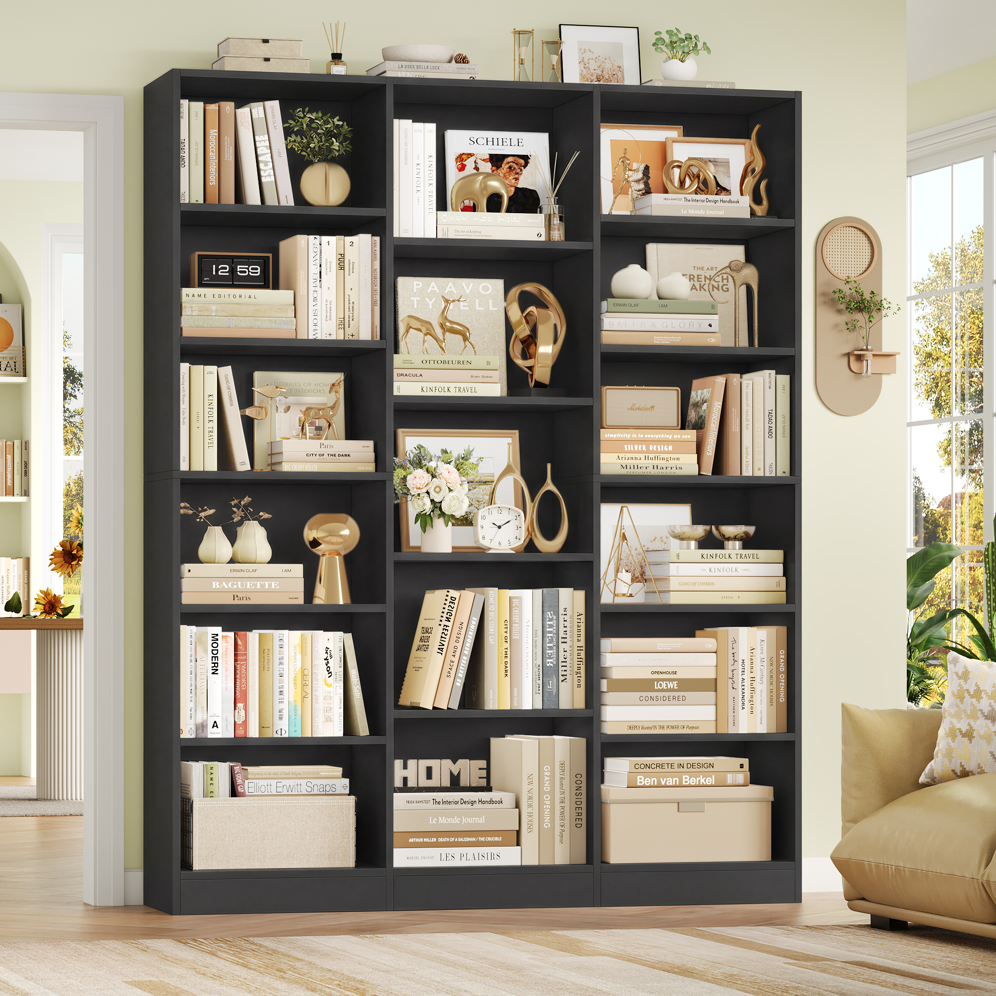 Homfa Triple Row 6-Tier Bookshelf, Black, 74 Inches