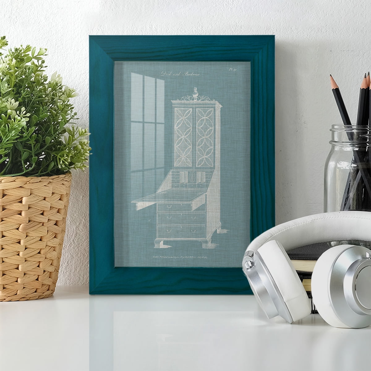 Hepplewhite Desk & Bookcase II - Framed Print w/glass - Ocean Blue