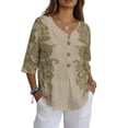 thumbnail image 7 of Ounisa 3/4 Sleeve Linen Shirts for Women Retro Floral Print Loose Button V Neck Blouse Lightweight Summer Tunic Tops, 7 of 7