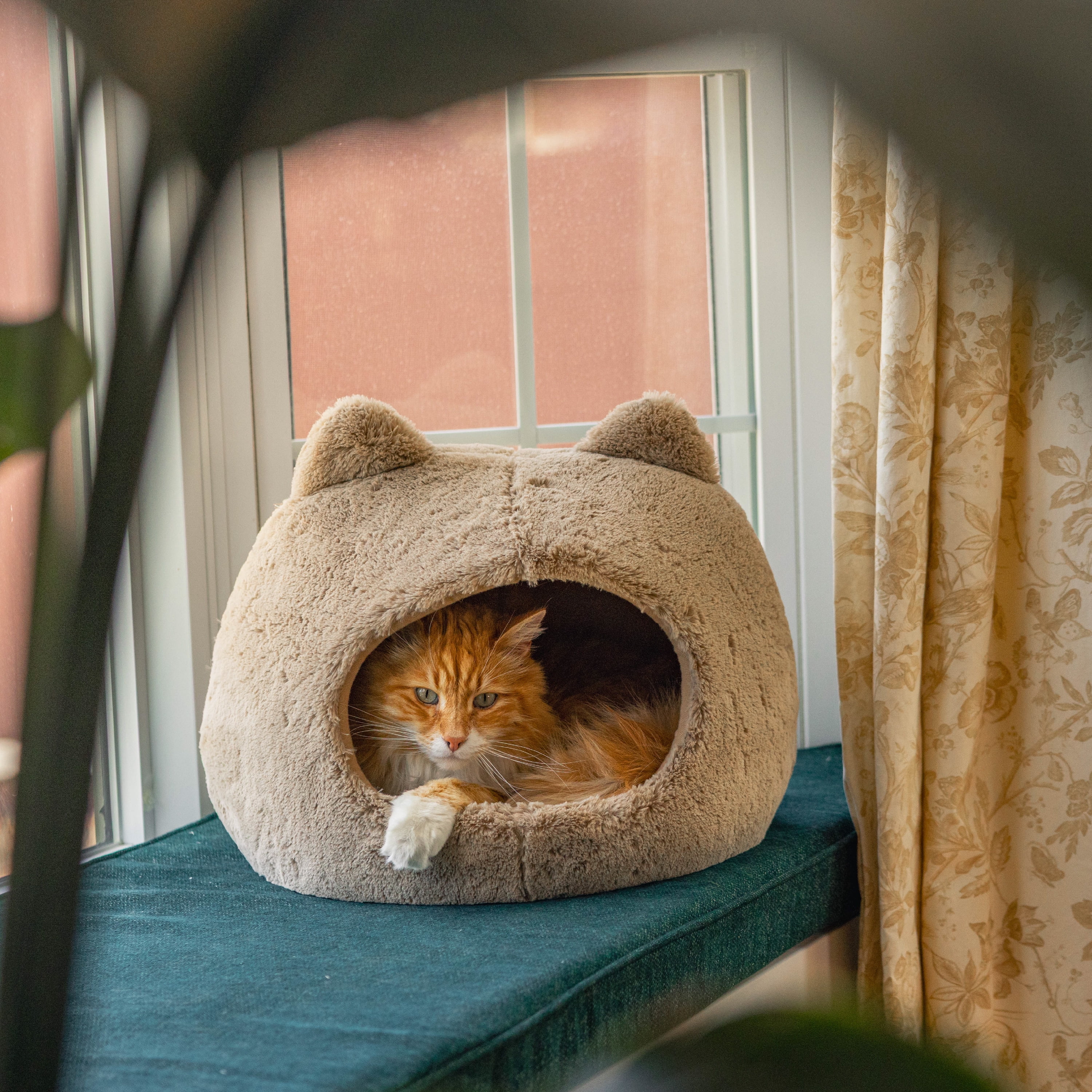 Catstages Meow Hut, Covered Cat Bed Cave for Indoor Cats, Cozy Enclosed with Removable Cushion, 16” x 15” x 15”, For Small Pets Up to 15 lbs, Tan, Small
