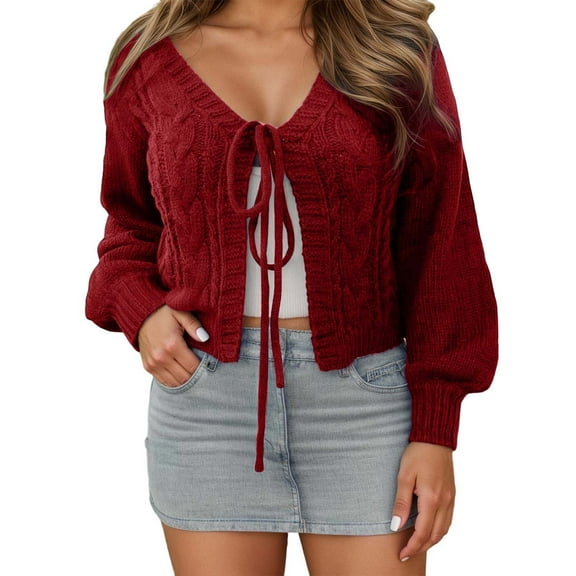 Arlun Womens Tie Front Bow Cardigan Sweaters Cropped Solid Color Cable Knit Cardigans Trendy Fall Winter Loose Comfortable Long Sleeve Outerwear 2025 Red XL