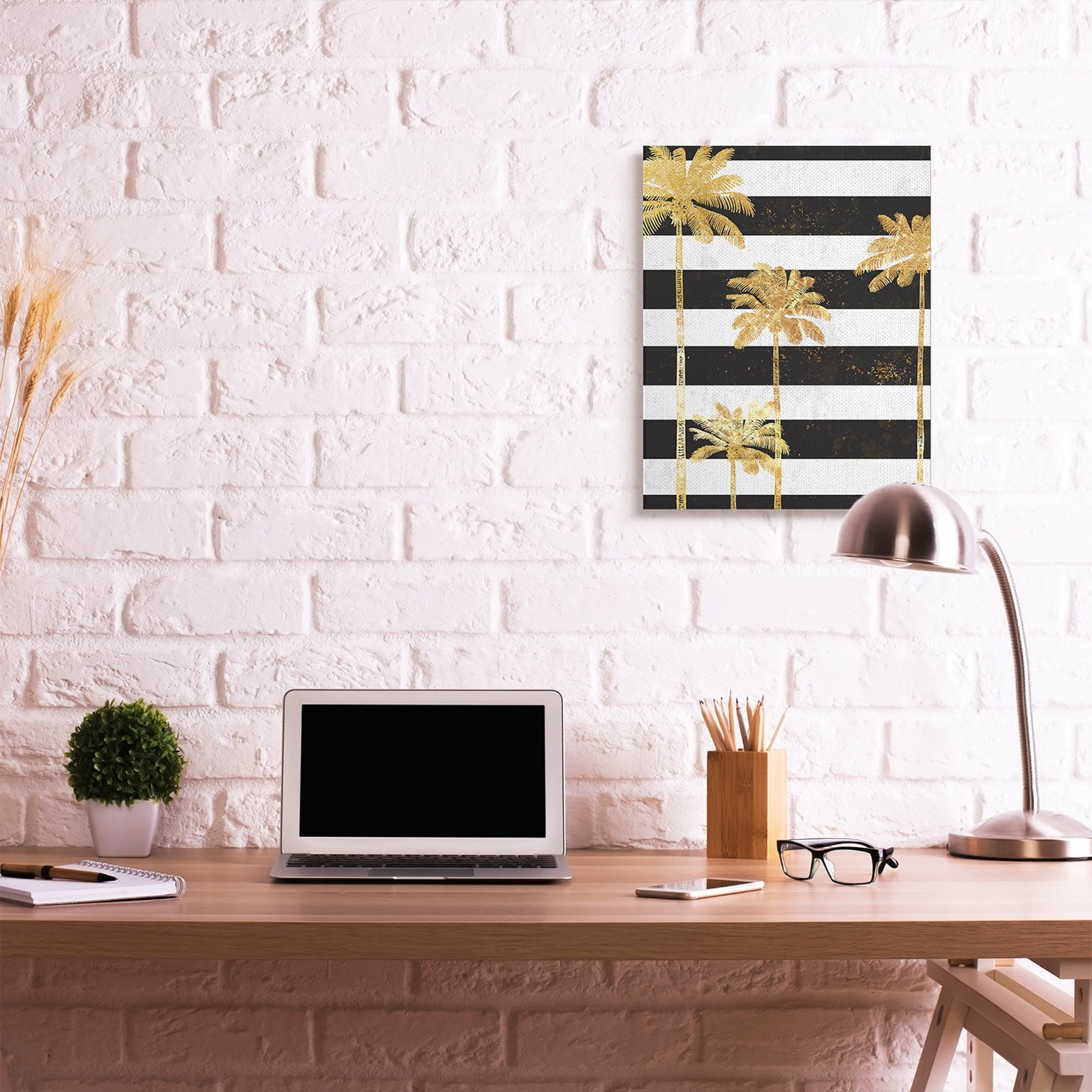 Stupell Industries Golden Palm Trees Bold Black White Stripes Canvas Wall Art by Ziwei Li