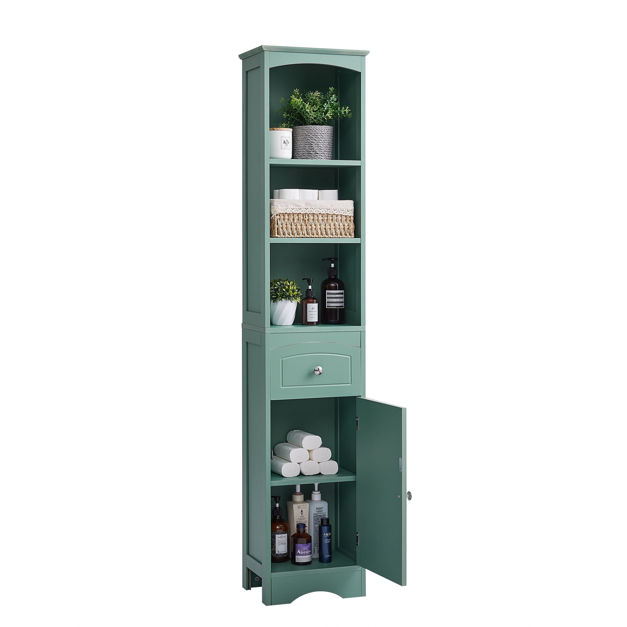 EUROCO Bathroom Storage Cabinet,Wood Linen Cabinet, Narrow Tall Cabinet Storage Tower with Adjustable Shelves,Door and Drawer,Green