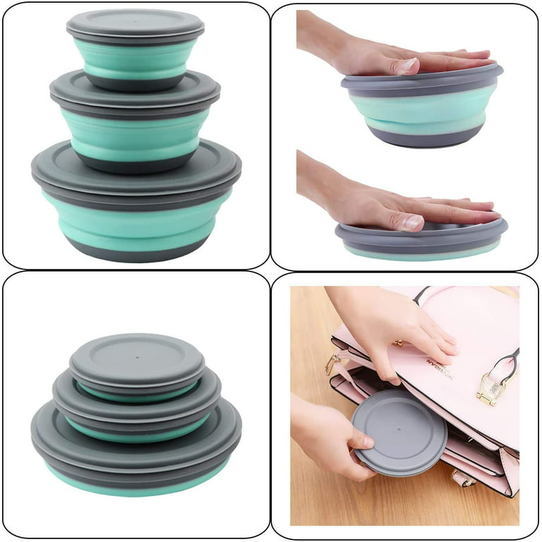 3 Pieces Silicone Folding Bowls with Lid Foldable Lunch Box
