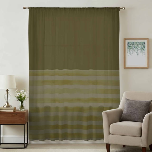 Olive Green Striped Sheer Curtains 108 Inches Extra Long, Vintage Stripes Ombre Light Filering Curtains, Privacy Drapes Simi Floor to Veiling Curtain for Living Room Bedroom Large Window Treatment