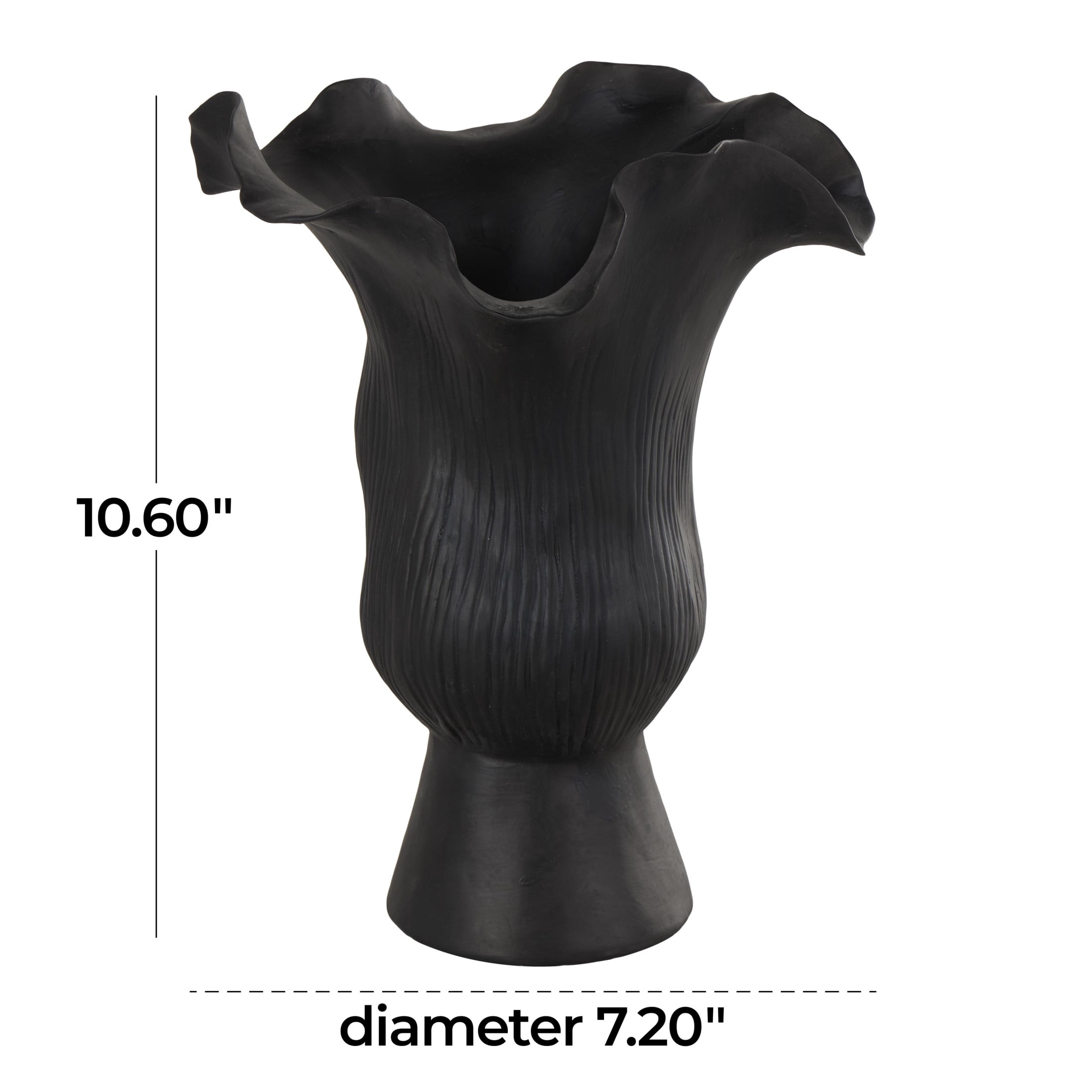 DecMode 11" Abstract Floral Inspired Black Ceramic Vase with Wavy Folded Rim and Linear Grooves