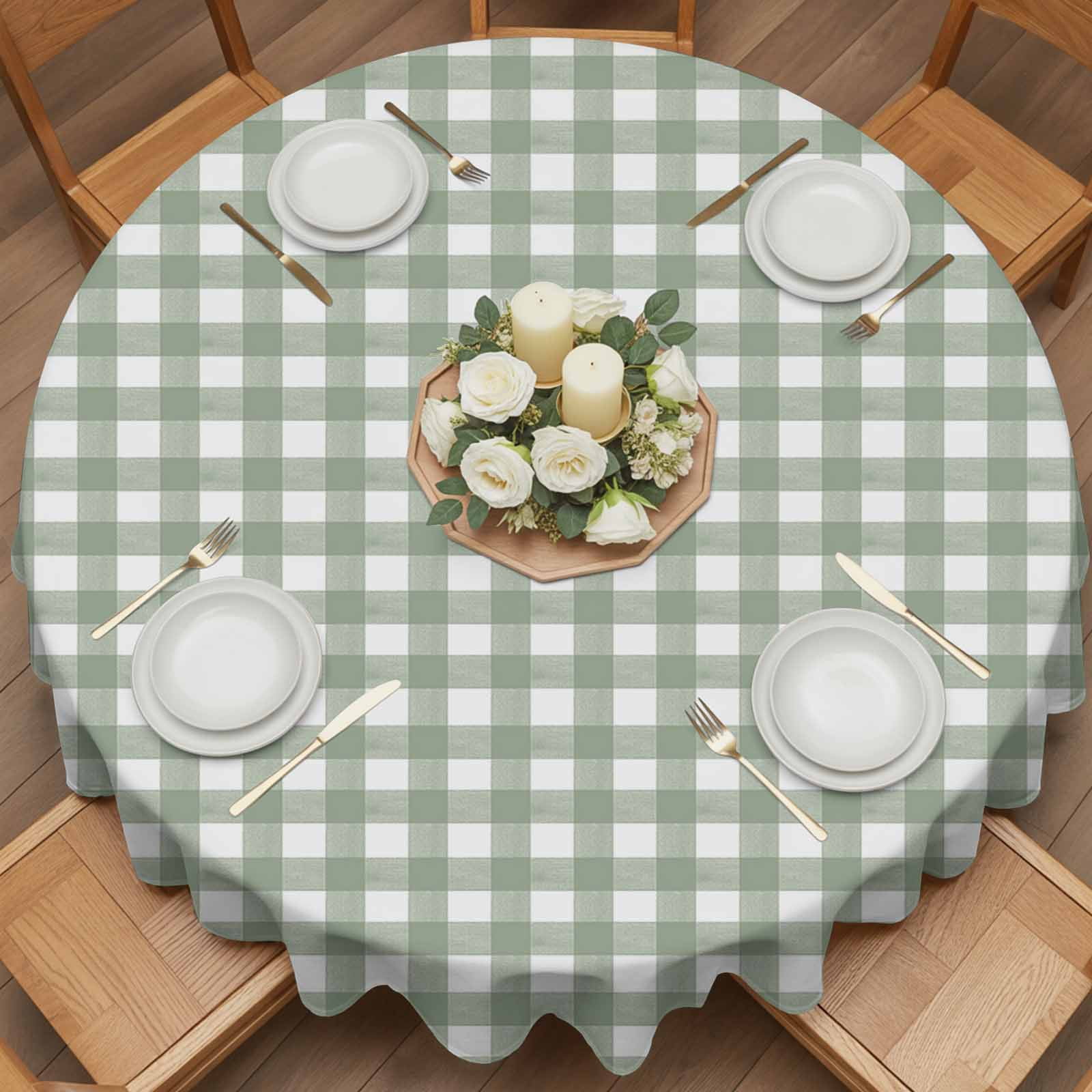 Round Tablecloth Rustic Checkered Plaid Waterproof Oil Proof Polyester Table Cloth Cover Decor for Home Dining Outdoor,Patio,Parties, 60" Dia. Sage Green