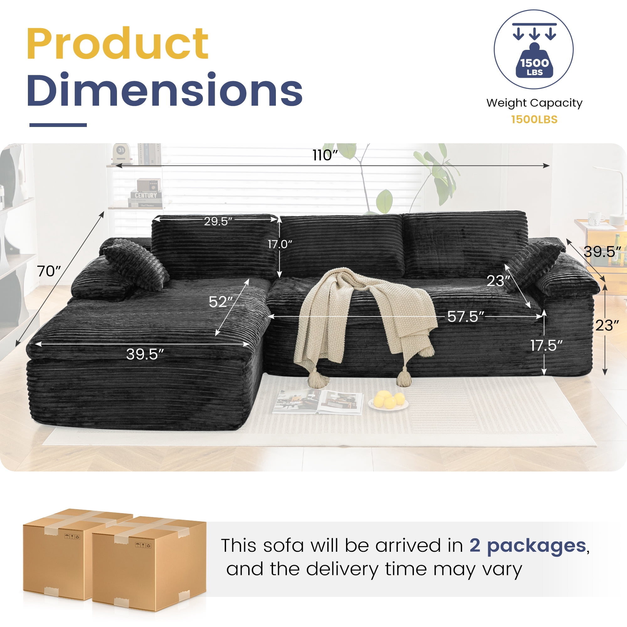 YODOLLA 110" L Shaped Modular Sectional Sofa for Living Room, Cloud Boneless Couch with Fluffy Seat Cushion, No Assembly Required, Corduroy, Black