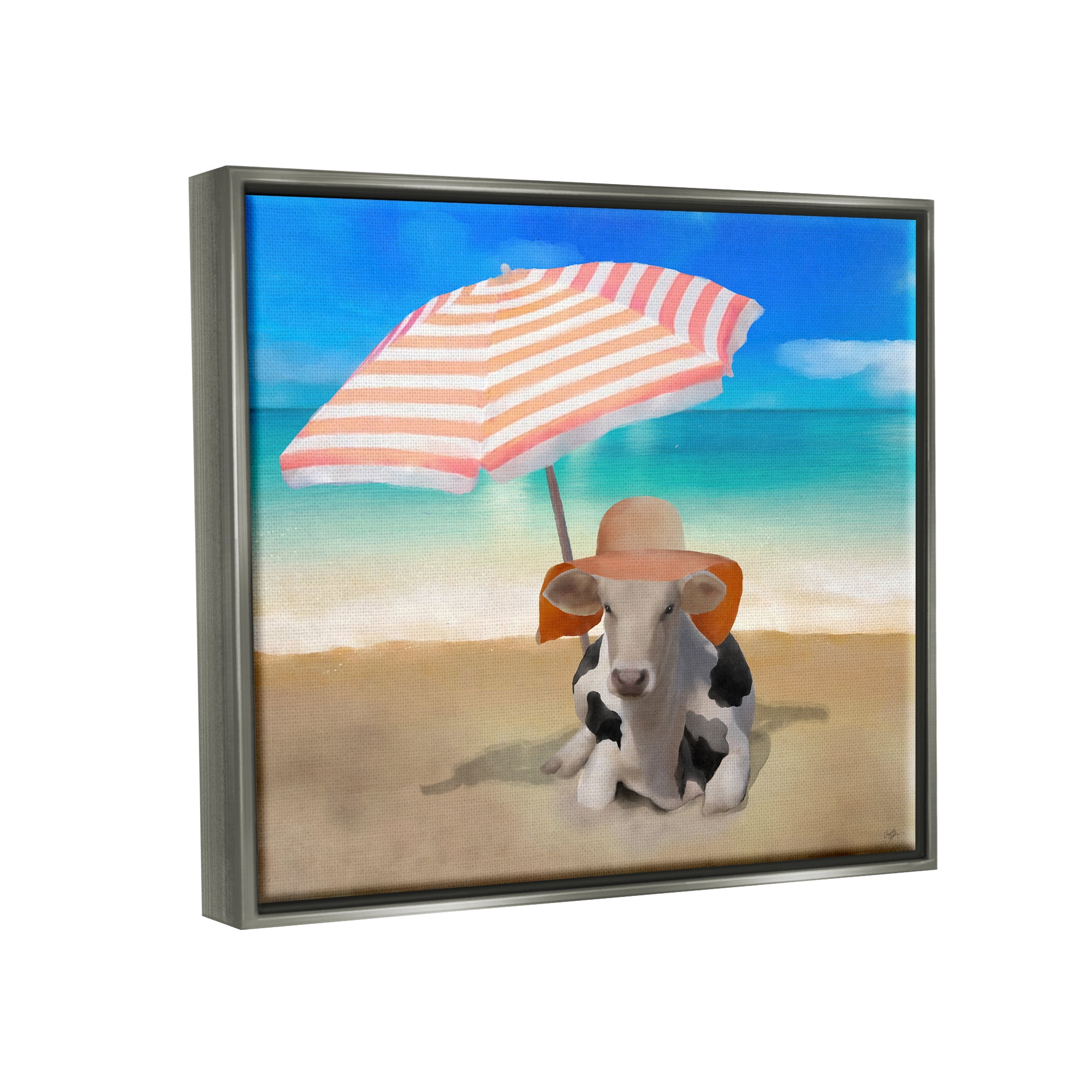 Stupell Lounging Cow Summer Beach Shore Animals & Insects Painting Gray Floater Framed Art Print Wall Art