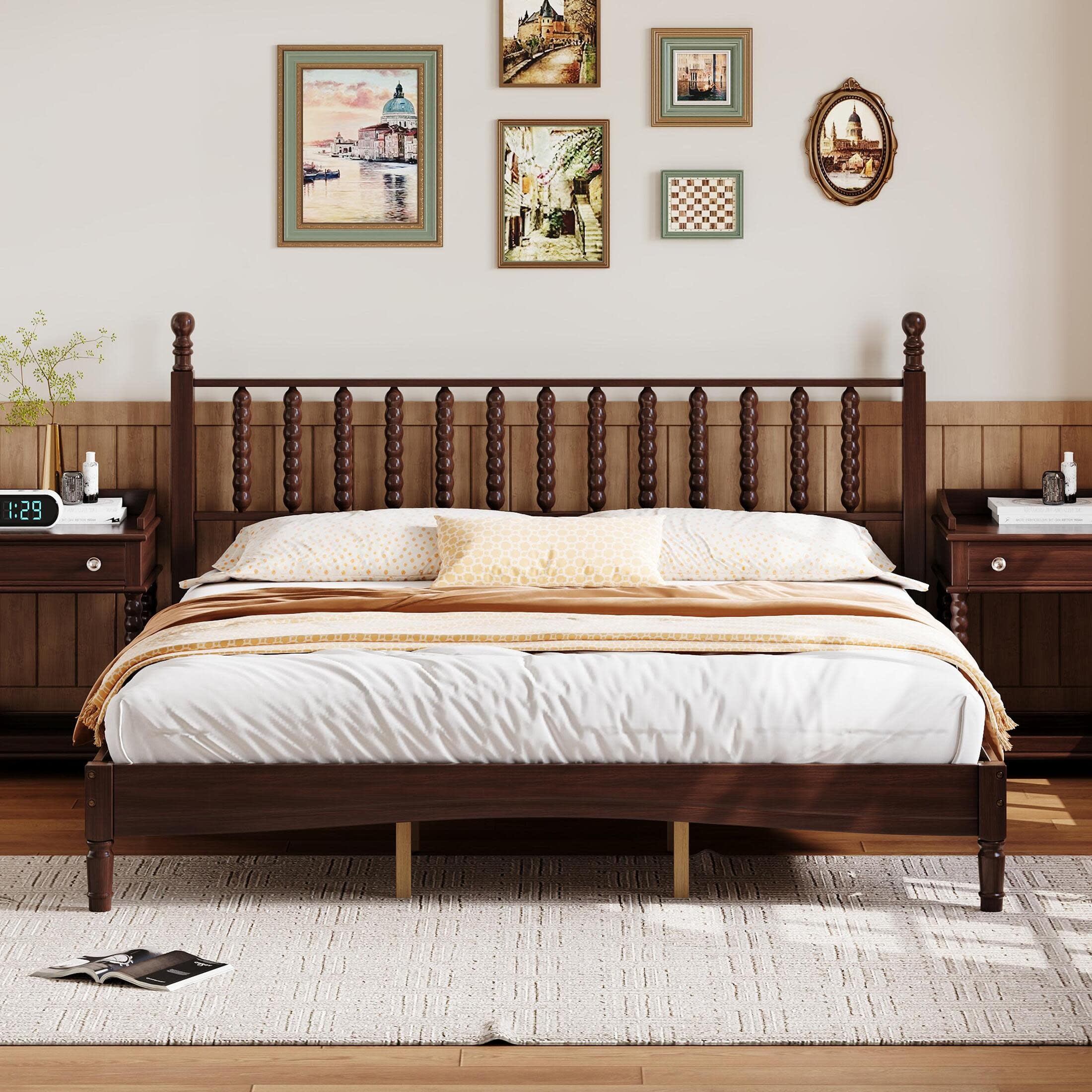 Noble House King Size Wood Platform Bed with Gourd-Shaped Headboard, Retro Style Bed with Wooden Slat Support, Walnut