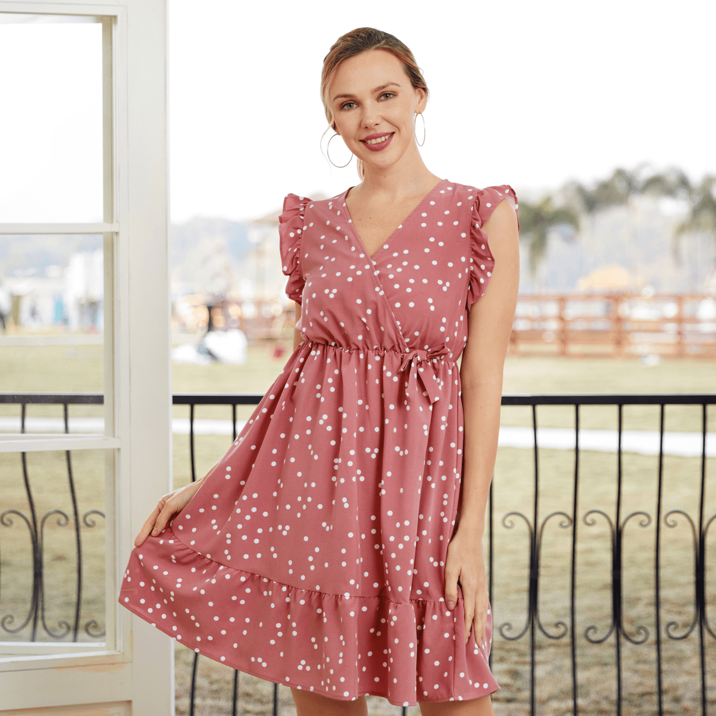 Dots Pink Dress for Women Mommy and Me Dresses V Neck Ruffle Flutter-sleeve Casual Dresses for Women and Girl Dress Family Matching Outfits, Women Dress