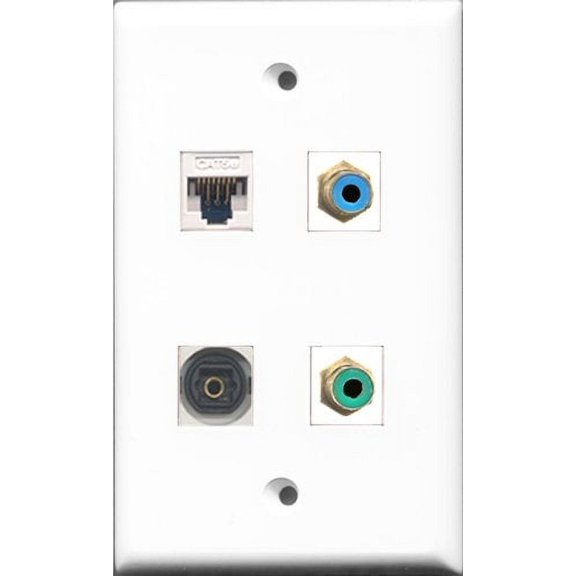 RiteAV 1 Port RCA Green and 1 Port RCA Blue and 1 Port Toslink and 1 Port Cat5e Ethernet White Wall Plate