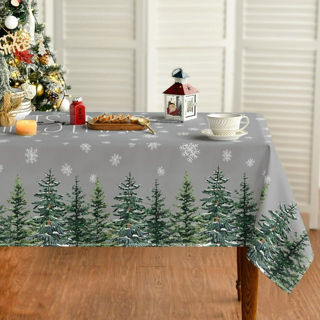Christmas Tablecloth 60×84 Inch Rectangular, Winter Snow Trees Grey Washable Table Cover for Party Picnic Dinner Decor