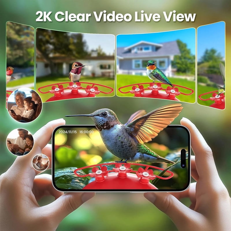 Soliom Smart Hummingbird Feeder Camera 2K Live & AI, Leak-Proof, Ant & Bee-Proof, Solar Powered, Outdoor Pole/Hook Hanging, 16oz, Red – Ideal Family Gift