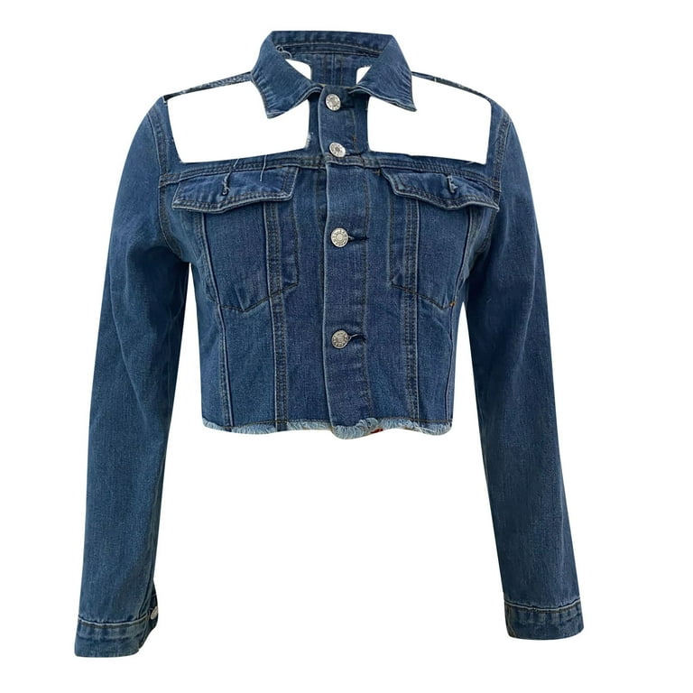 Women s Off Shoulder Ripped Denim Slim Lapel Crop Top
