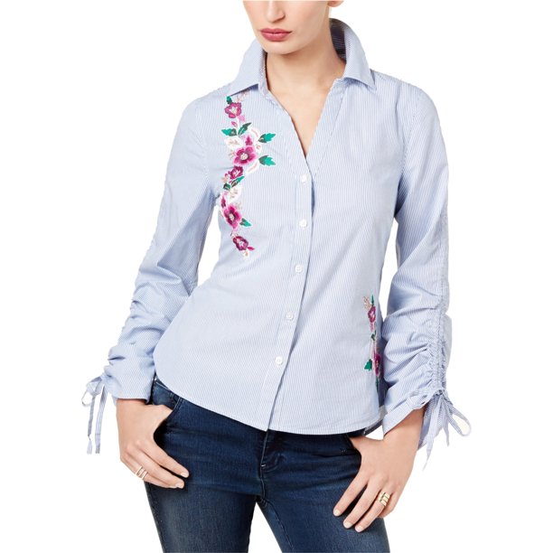 INC Camisa bordada con botones para mujer, azul, mediana I-N-C Camisa con botones