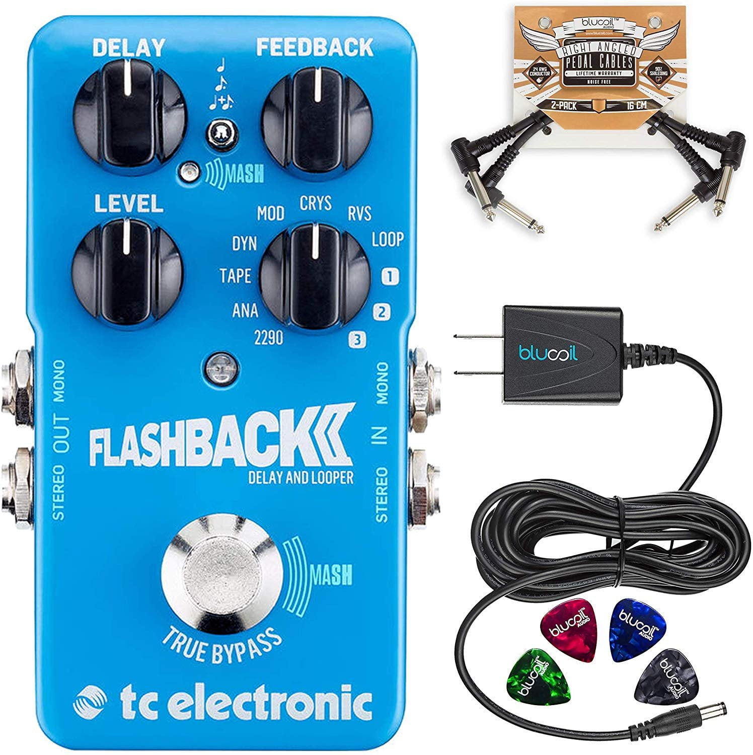 TC Electronic Flashback 2 Delay Pedal with TonePrint Bundle with Blucoil  Power Supply Slim AC/DC Adapter for 9 Volt DC 670mA, 2-Pack of Pedal Patch 
