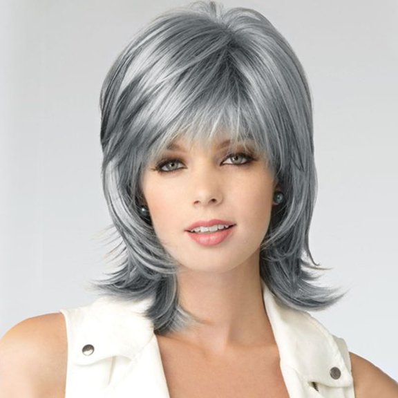 QUEENTAS Grey Wigs for Women Mullet Wig Synthetic 80s Mullet Wigs Shaggy Layered Fluffy Gray Mixed Black Wig Wolf Tail Wigs with Bangs