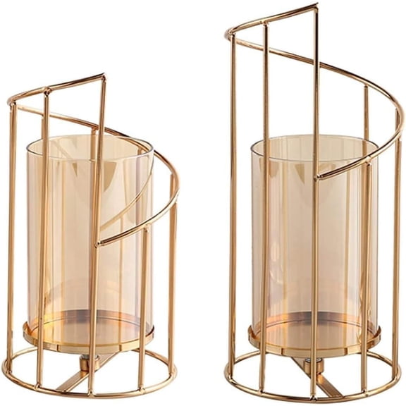 WONDER DECORS Golden Metal Glass Spiral Wedding Party Birthday Christmas Home Decor Candle Holder Table Centerpiece, Set of 2