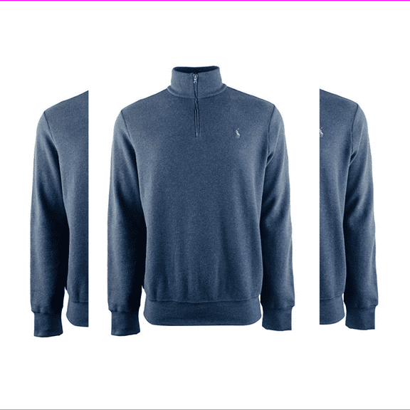 $165 Polo Ralph Lauren Men's Half Zip Suede Trim Mock Neck Pullover, Blue HT, M
