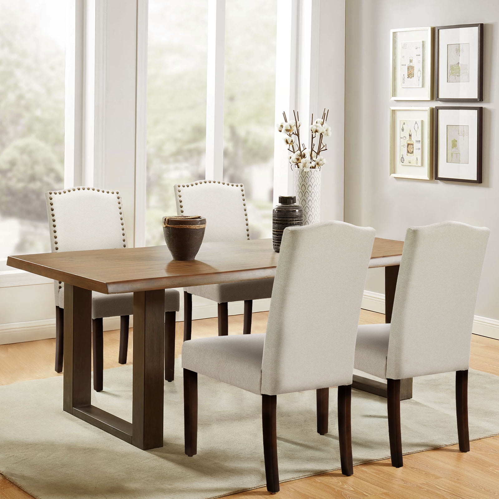 Gianna Dining Chairs Set of 2, Upholstered Fabric Dining Room Chairs with Wood Legs and Nailhead Trim, Mid-Century Style, Beige
