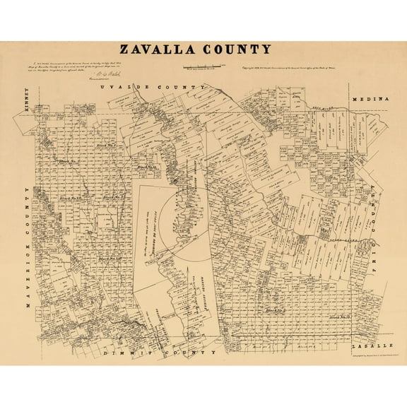 Historic County Map - Zavalla County Texas - Walsh 1879 - Vintage Wall Art