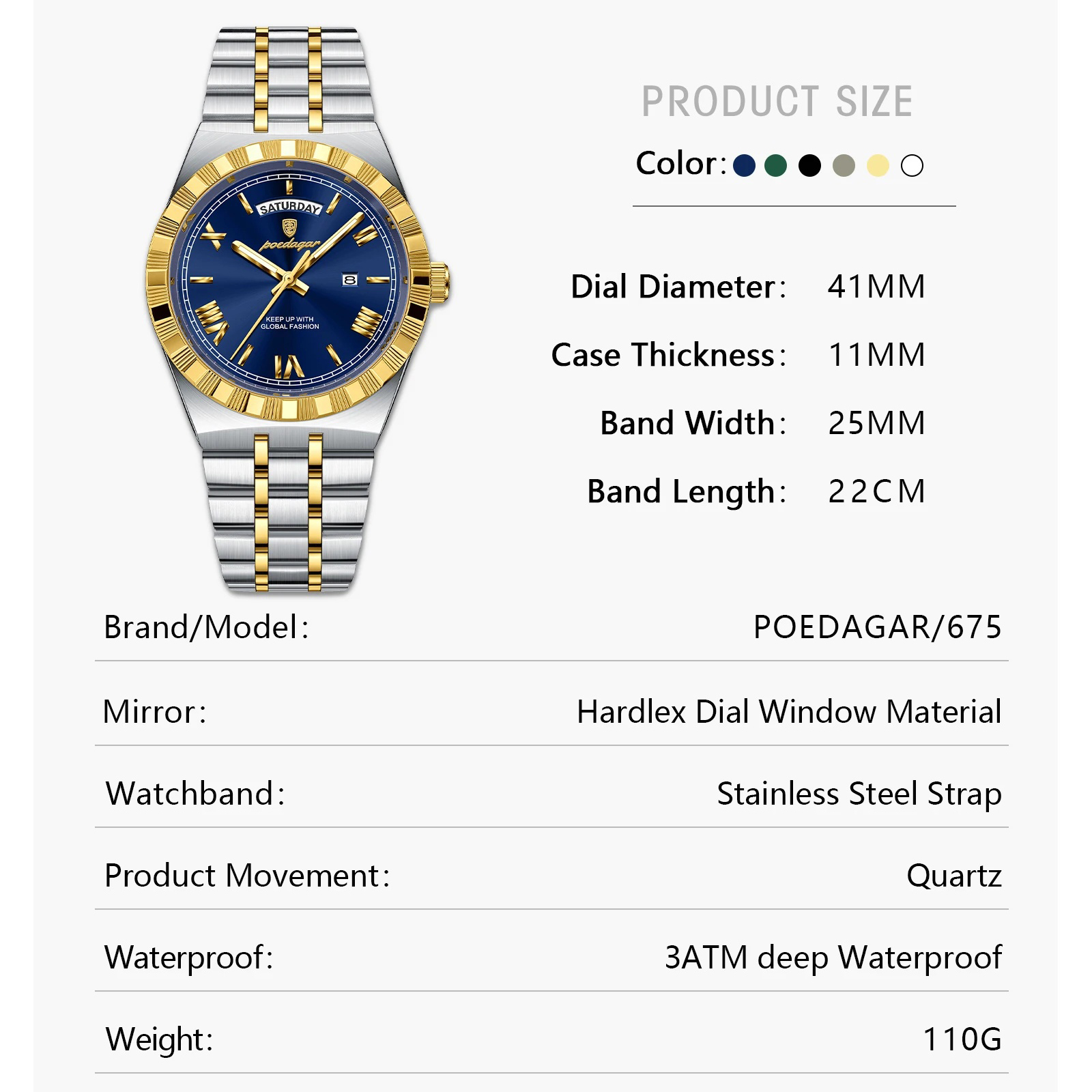 POEDAGAR Luxury Men's Waterproof Luminous Wrist Watch with Date Week Display Stainless Steel Strap