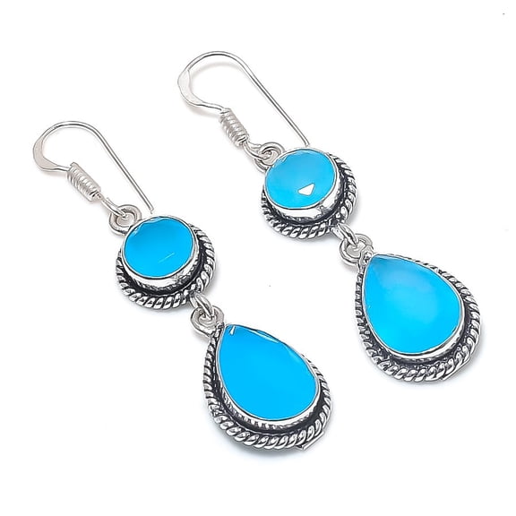 Natural Blue Chalcedony Gemstone Handmade 925 Sterling Silver Earring 2.17"
