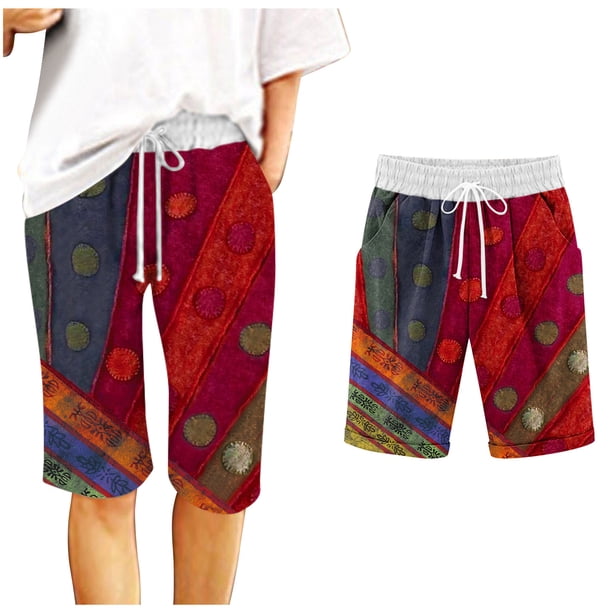 Puntoco Pantalones cortos de algodón para mujer Pantalones cortos casuales de cinco puntos con cordón y estampado para mujer