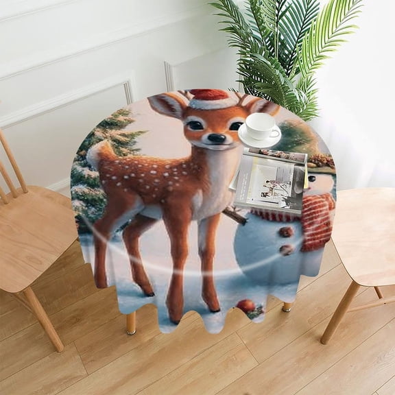 RKSupls 60 Inch Round Tablecloth, Deer Snowman Christmas Premium Polyester Straight Edge Wrinkle Resistant Washable Table Cover for Party Home Dining Decor
