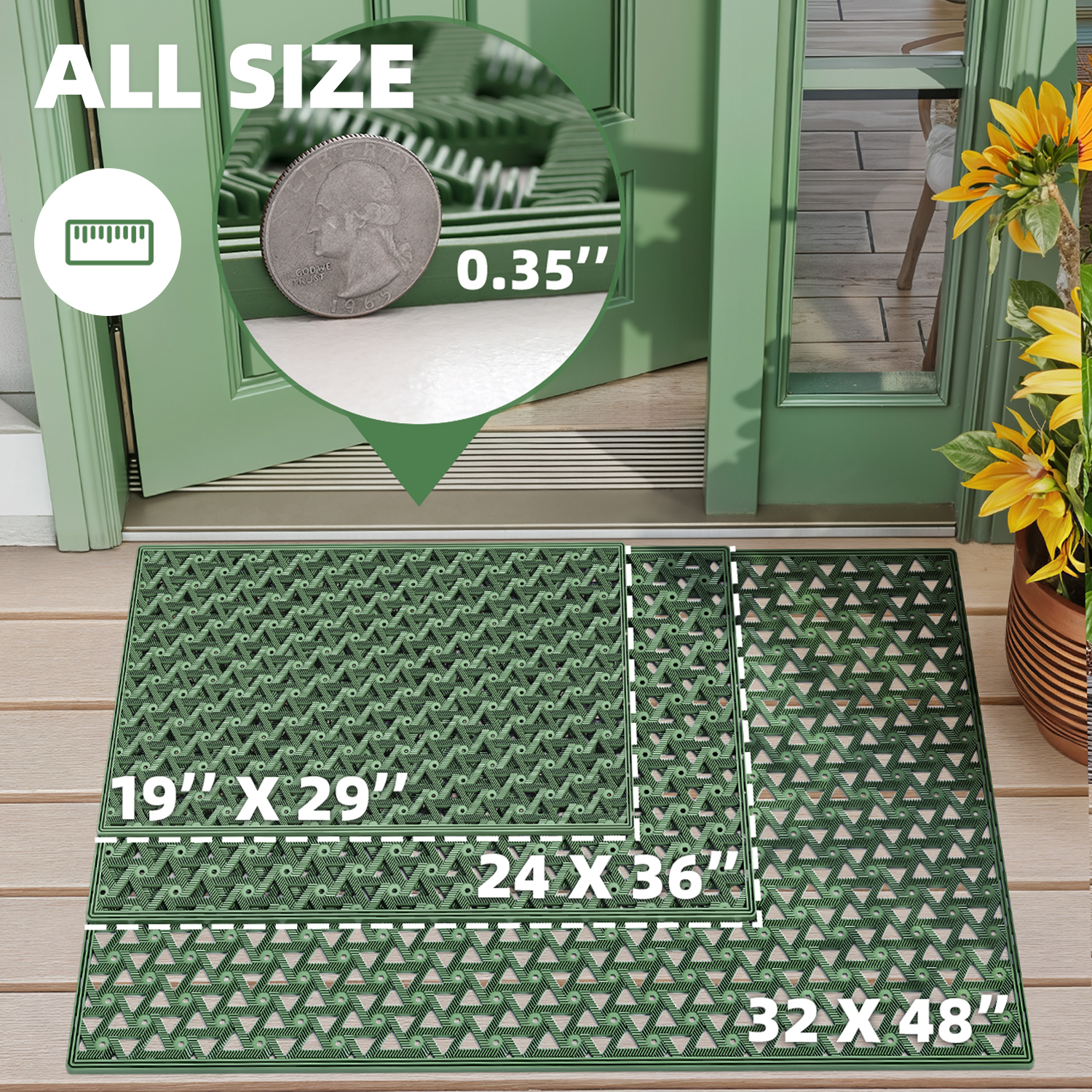PABUBE Outdoor Doormat , Waterproof and Heavy Duty Doormat for Outside, Low Pile Dirt Trapper Rubber Outdoor Mat and Non-Slip Welcome Mat for Front Doors, 19" x 29", Green