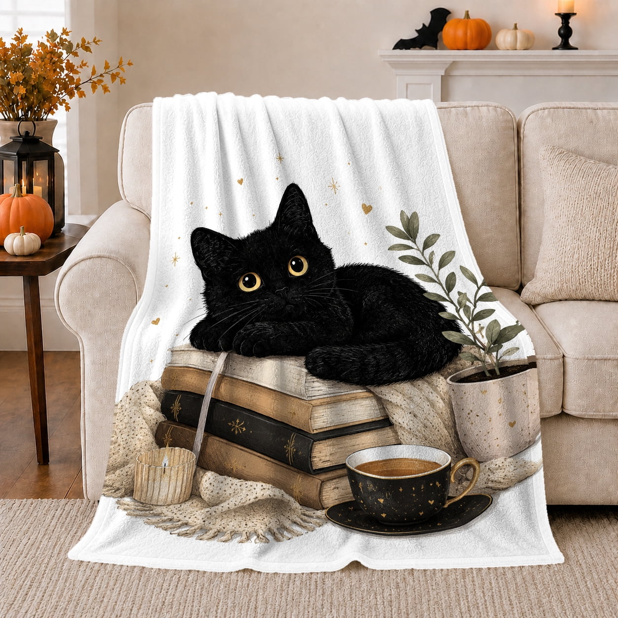 Black Cat Vintage Books Autumn Still Life Festive Pet Portrait Pattern Warm Flannel Blanket for Living Room and Bedroom Cat Lovers Christmas Gift Pet Lover Home Decor